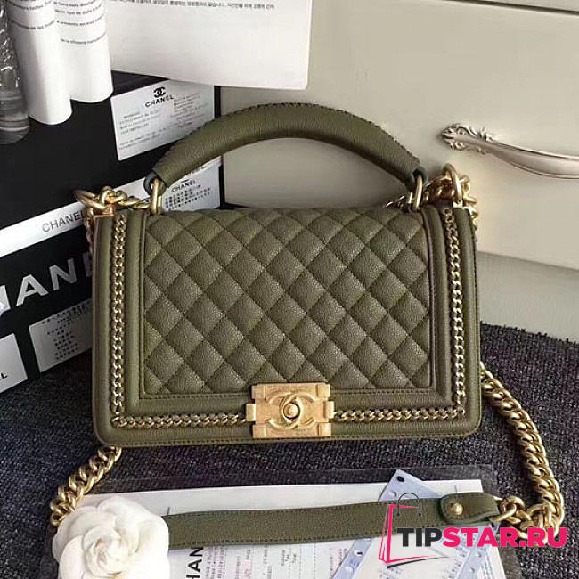 Chanel Quilted Caviar Boy Bag With Top Handle Green 180302 VS09524 - 1