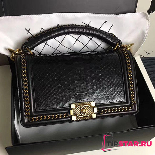 CHANEL Snake Embossed Boy Bag With Top Handle Black Gold A14041 VS02449 - 1