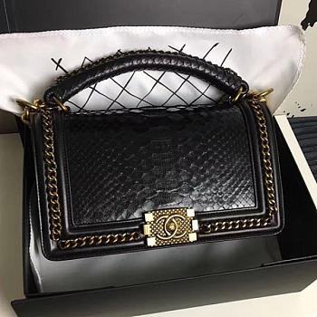 CHANEL Snake Embossed Boy Bag With Top Handle Black Gold A14041 VS02449