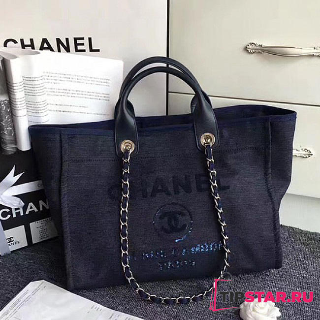 Chanel Canvas And Sequins Shopping Bag (Blue) - 1