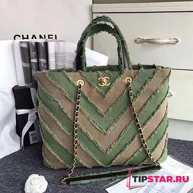 CHANEL Canvas Patchwork Chevron Large Shopping Bag (Khaki) 260302 VS09293 - 1