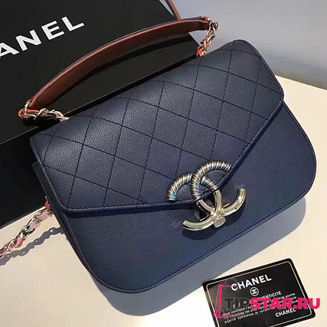 Chanel Grained Calfskin Flap Bag With Top Handle Blue A93633 VS06142 - 1