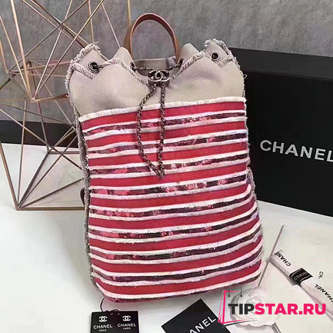 Chanel canvas sequins drawstring backpack beige and red a93671 vs08281 - 1