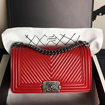 Chanel Medium Chevron Lambskin Quilted Boy Bag Red A13043 VS08698
