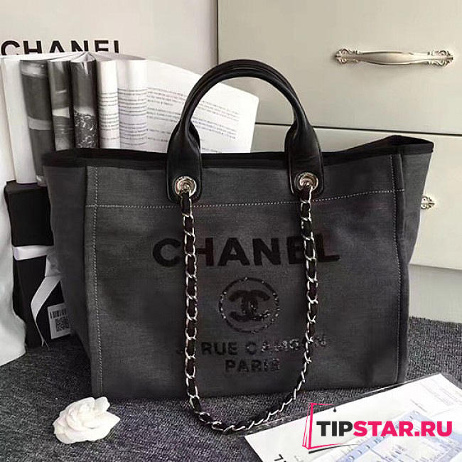 CHANEL Canvas And Sequins Shopping Bag (Black) - 1