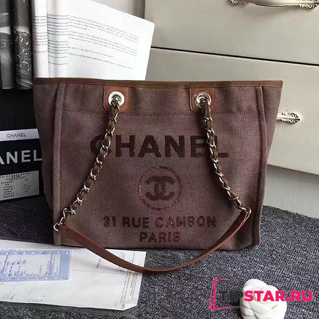 CHANEL Canvas And Sequins Cubano Trip Deauville Shopping Bag (Brown) - 1