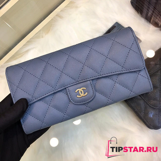 Chanel Classic Of Long Lychee Purse Smog Blue - 1