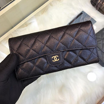 Chanel Classic cf Long Lychee Purse Black With Green