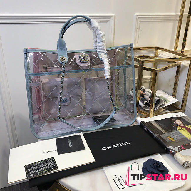 Chanel Spring And Summer Explosions Pvc Lambskin Color Transparent Handbag Light Blue - 1