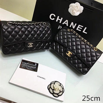 Chanel Lambskin Leather Flap Bag Gold/Silver Metal Black 25cm