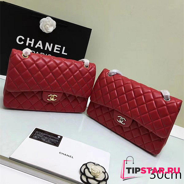 Chanel Lambskin Leather Flap Bag Gold/Silver Red 30cm - 1