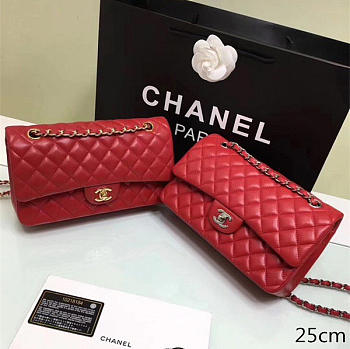 Chanel Lambskin Leather Flap Bag Gold/Silver Red 25cm