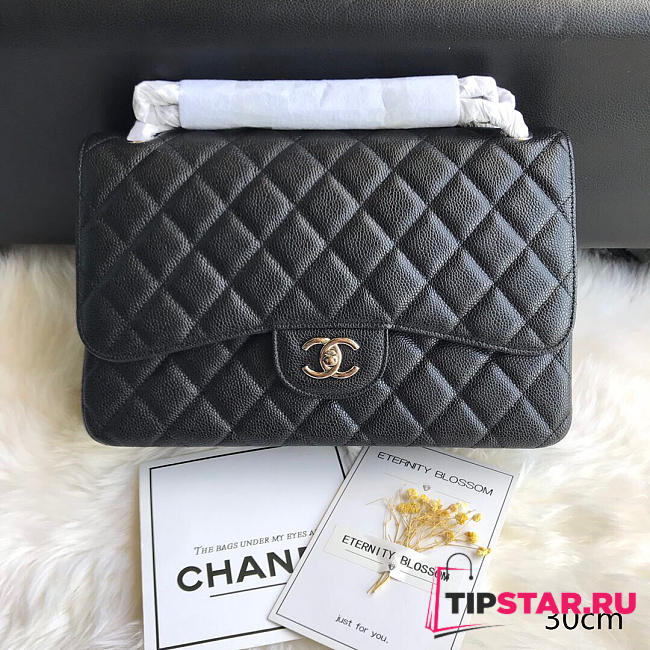 Chanel Large Classic Handbag Grained Calfskin Gold Black - 1