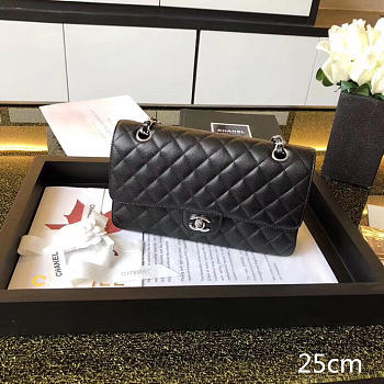 CHANEL Caviar lambskin Leather Flap Bag Black Silver 25cm 