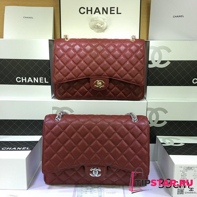 Chanel Caviar Leather Flap Bag Gold/Silver Maroon Red 33cm - 1