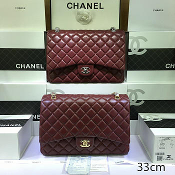 Chanel Lambskin Leather Flap Bag With Gold/Silver Hardware Maroon Red 33cm
