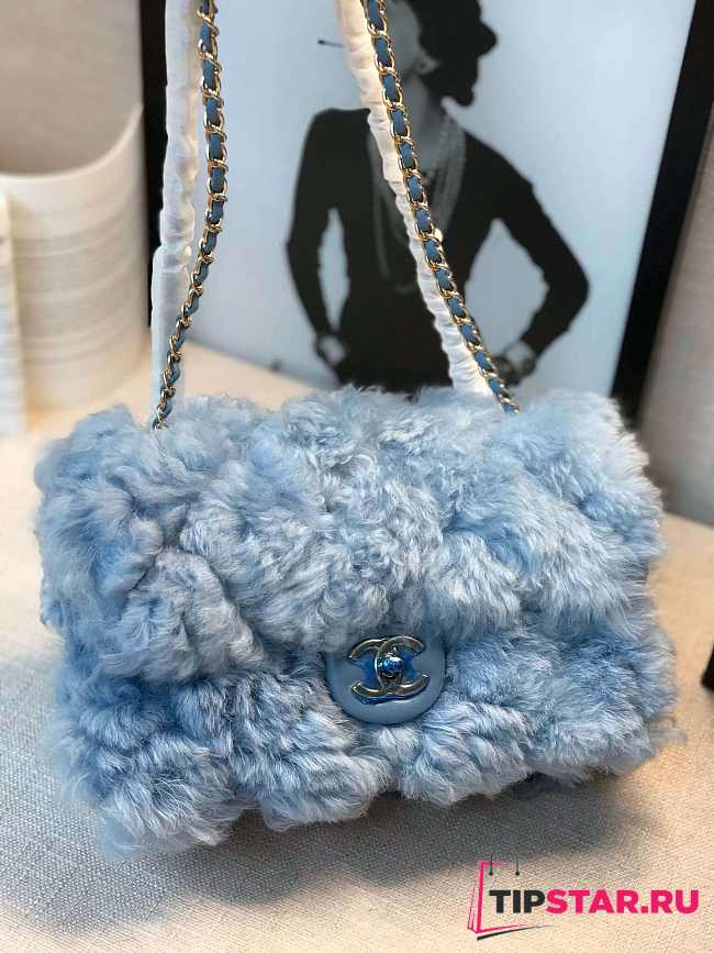 CHANEL new style lamb hair flip bag blue - 1