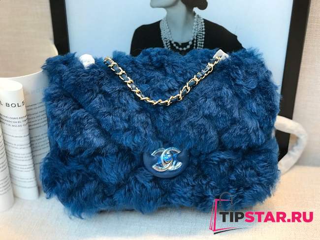 CHANEL New Style Lamb Hair Flip Bag Dark Blue  - 1