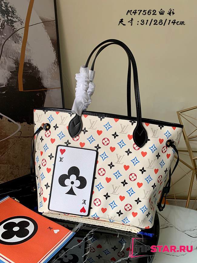 LV Neverfull Medium Handbag Shopping Bag (White_Black Poker) M57452 - 1