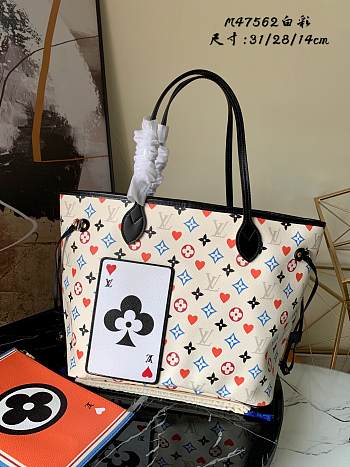 LV Neverfull Medium Handbag Shopping Bag (White_Black Poker) M57452