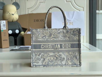 Medium Dior Book Tote Ecru and Gray Toile de Jouy Embroidery Size 36 x 27.5 x 16.5 cm