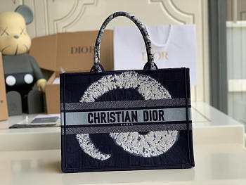 Dior Small Book Tote (Blue Navy) Toile de Jouy Embroidery 36cm