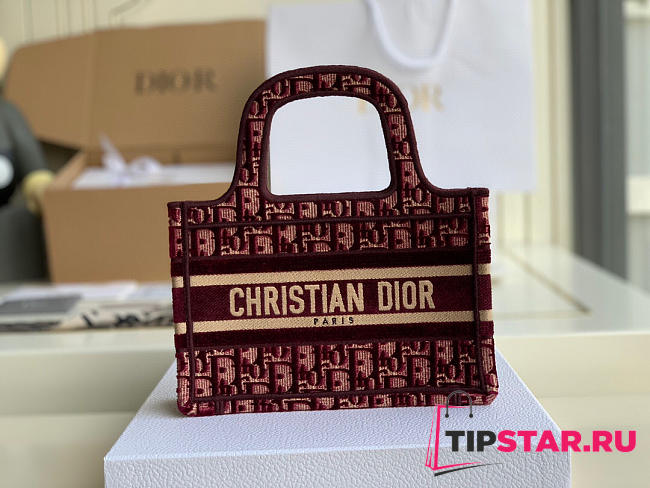 Dior Mini Book Tote (Burgundy) Dior Oblique Embroidery S5475ZRIW_M974  - 1