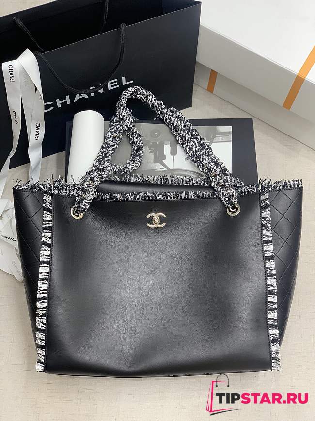 CHANEL Tire Leather Shopping Bag (Black) - 1