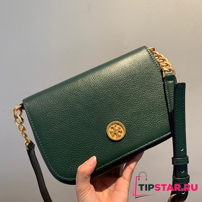 Tory Burch | MASON New Series Frosted Gold Logo Tumbled Grain Cowhide (Green)   - 1