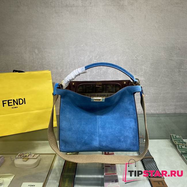FENDI F Home Peekaboo Upgraded Version Handbag, Soft Calf Leather With Shoulder Strap Small 30cm 305 (Blue) - 1