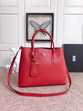 PRADA Medium Saffiano Leather Double Bag (Fiery Red_Black) 1BG775_2A4A_F0CF5_V_OOO
