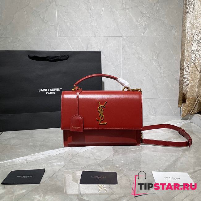 YSL Medium Sunset Satchel In Smooth Leather (Opyum Red) 634723  - 1