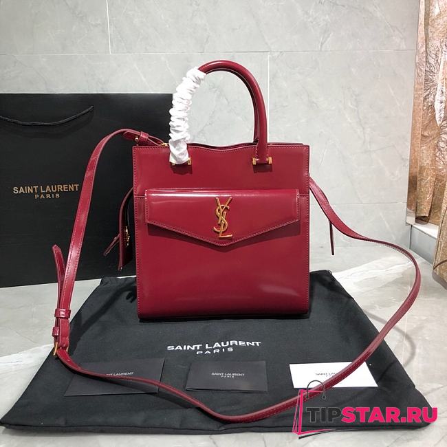 YSL Uptown Small Tote In Shiny Embossed Leather (Wine Red) 561203  - 1