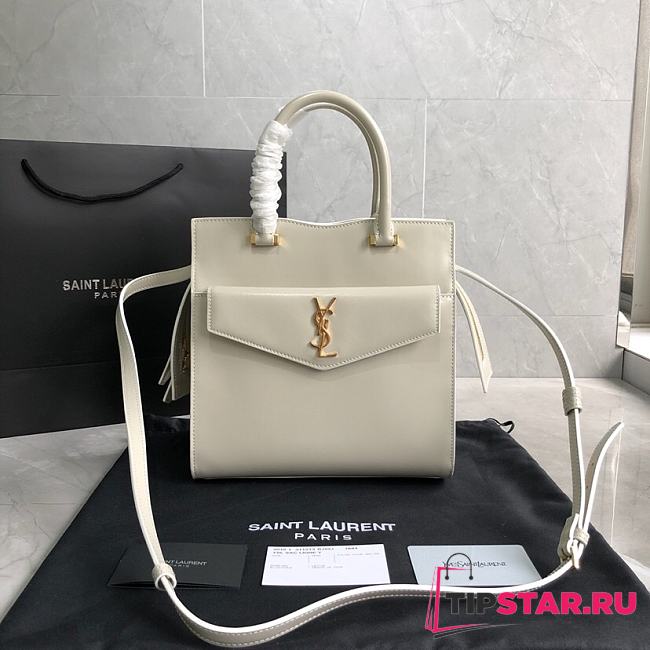 YSL Uptown Small Tote In Shiny Embossed Leather (White) 561203  - 1
