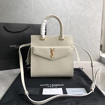 YSL Uptown Small Tote In Shiny Embossed Leather (White) 561203 