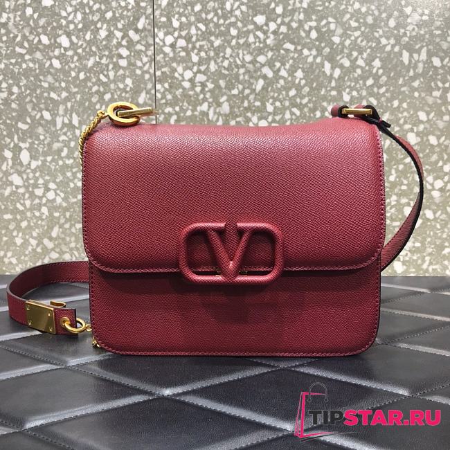 VALENTINO V-Ring Logo Leather Shoulder Bag Red 22cm 0808  - 1