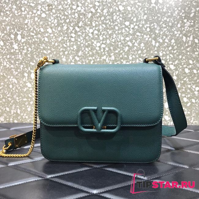 VALENTINO V-Ring Logo Leather Shoulder Bag Green 22cm 0808  - 1