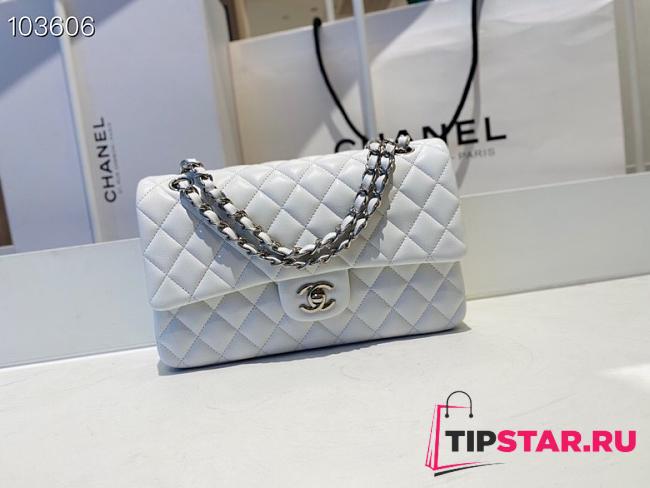 Chanel Medium Classic Double Flap Bag White Lambskin Silver Metal A01113  - 1