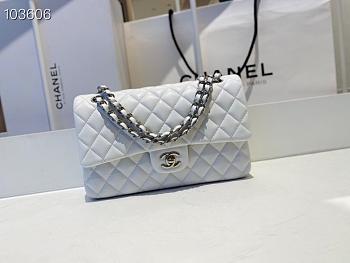 Chanel Medium Classic Double Flap Bag White Lambskin Silver Metal A01113 
