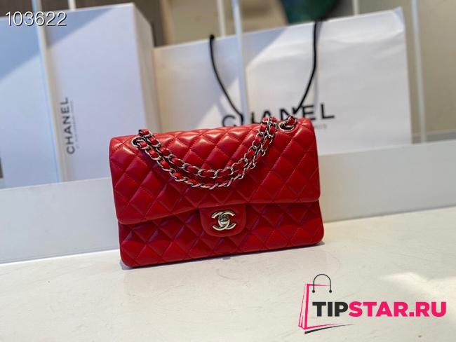 Chanel Meidum Classic Double Flap Bag Red Lambskin Silver Metal A01113  - 1