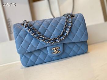 Chanel Meidum Classic Double Flap Bag Blue Lambskin Silver Metal A01113 