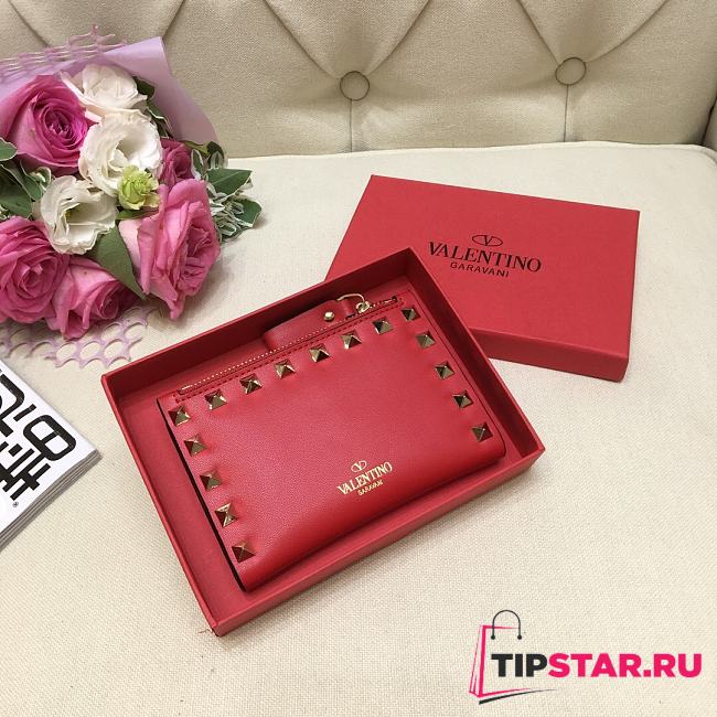 Valentino Rockstud Leather Wallet Red  - 1