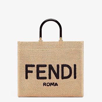 Fendi Women Sunshine Medium Embroidered Straw Shopper Black 