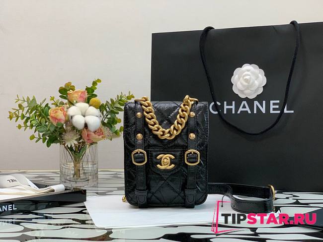 Chanel Mini flap bag aged calfskin & gold-tone metal in black AS2695 size 17cm - 1