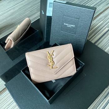 YSL Monogram small envelope wallet in grain de poudre embossed leather in nude A026K size 13.5cm