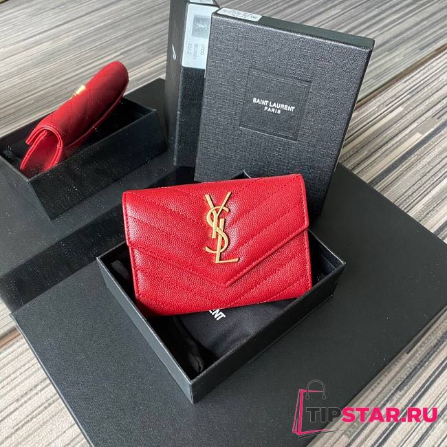 YSL Monogram small envelope wallet in grain de poudre embossed leather in red A026K size 13.5cm - 1