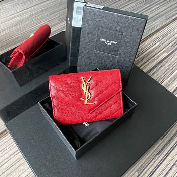 YSL Monogram small envelope wallet in grain de poudre embossed leather in red A026K size 13.5cm