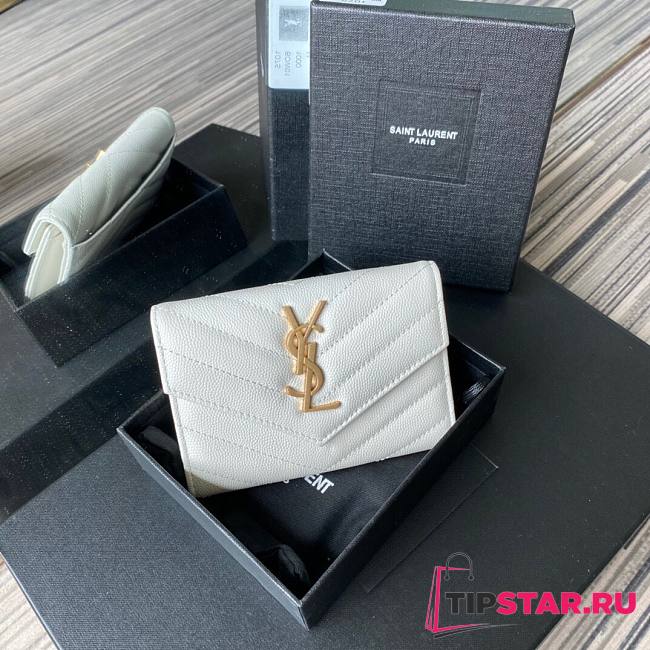 YSL Monogram small envelope wallet in grain de poudre embossed leather in white A026K size 13.5cm - 1