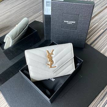 YSL Monogram small envelope wallet in grain de poudre embossed leather in white A026K size 13.5cm