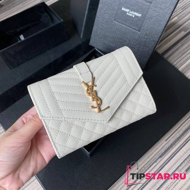 YSL Monogram small envelope wallet in mix matelassé grain de poudre embossed white leather A026K size 13.5cm - 1
